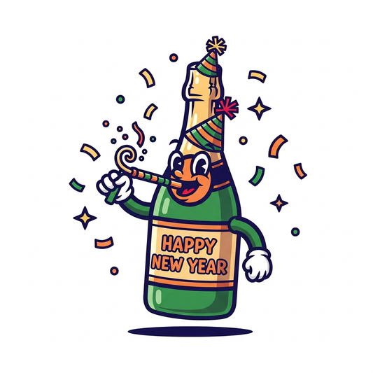 New Year's Day cartoon mascot ready to press DTF heat transfer graphic with bold high contrast colors and clean vector style illustration suitable for t-shirts hoodies and apparel