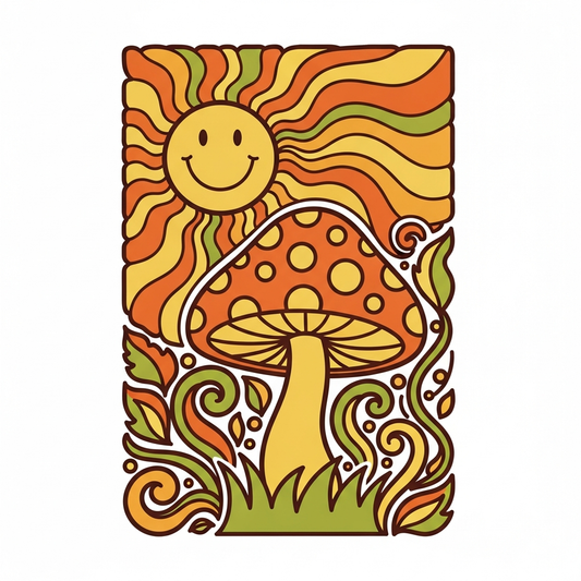 Groovy 70s retro First Day of Fall ready-to-press DTF heat transfer graphic featuring bold vintage typography and high-contrast fall colors, centered vector-style illustration suitable for t-shirts hoodies and tote bags
