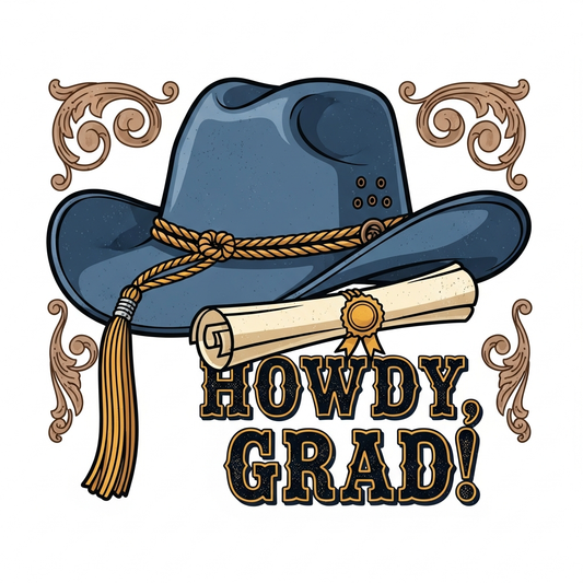 College graduation western cowboy vintage DTF heat transfer ready to press design featuring high contrast vector illustration with clean outlines suitable for t-shirts hoodies and apparel