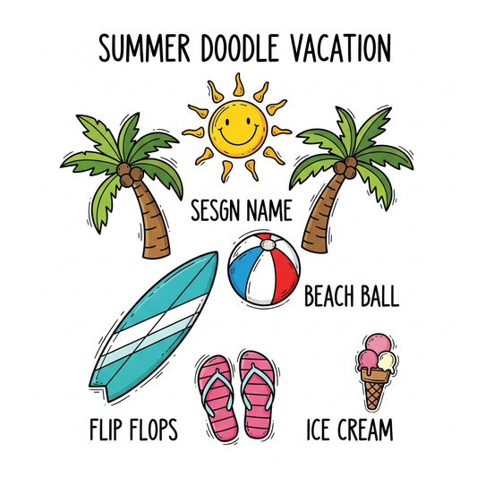 Hand drawn doodle style Summer Vacation ready to press DTF heat transfer graphic with vibrant high-contrast colors, clean outlines, and vector illustration style, suitable for t-shirts, hoodies, and tote bags