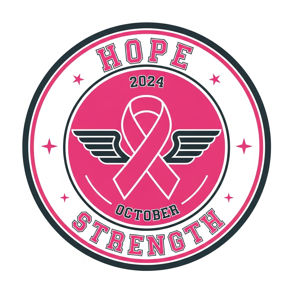 Retro varsity style Breast Cancer Awareness Month DTF heat transfer graphic with high contrast pink and white design, ready to press on t-shirts and hoodies