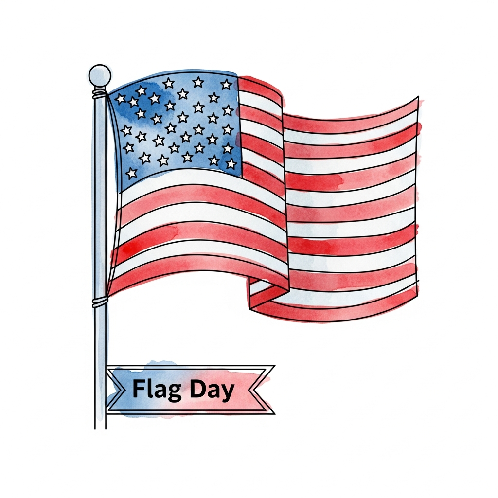 Flag Day watercolor illustration ready to press DTF heat transfer graphic with high-contrast patriotic design, centered composition, clean outlines, suitable for t-shirts hoodies and apparel heat press printing