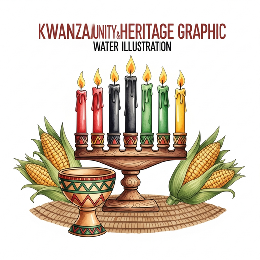 Kwanzaa watercolor illustration ready to press DTF heat transfer graphic featuring high-contrast cultural design with clean outlines, suitable for t-shirts, hoodies, and apparel