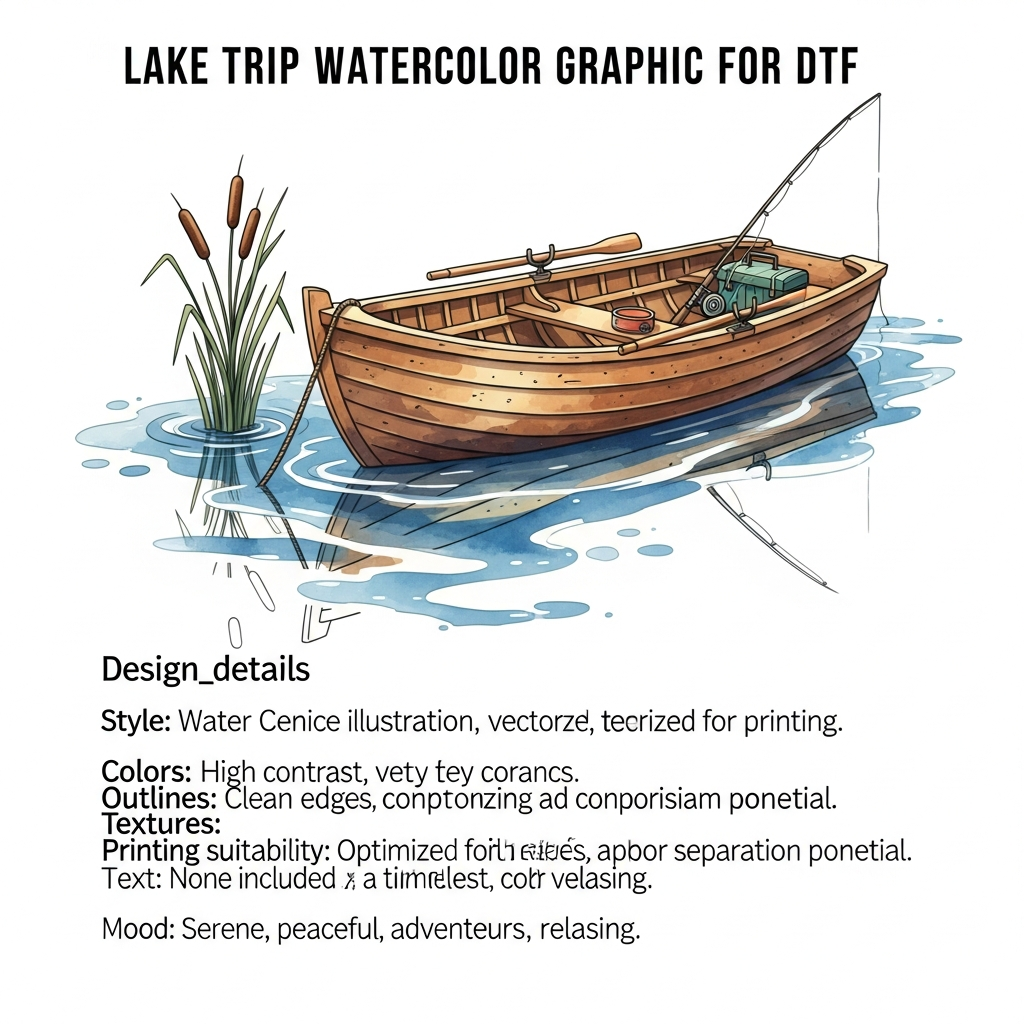Ready to press Lake Trip watercolor illustration DTF heat transfer graphic featuring high contrast colors and clean outlines, suitable for t-shirts hoodies and tote bags