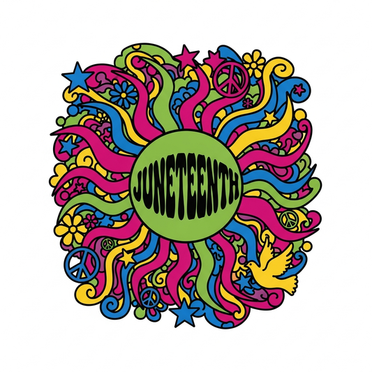 Juneteenth psychedelic 60s style ready to press DTF heat transfer graphic featuring bold swirling patterns, high-contrast colors, and a centered vector illustration design suitable for t-shirts, hoodies, and tote bags