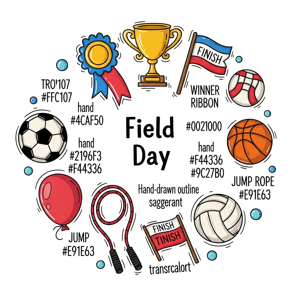 Hand drawn doodle style Field Day DTF heat transfer graphic, ready to press on t-shirts and hoodies, vibrant high contrast colors, centered vector-style illustration suitable for DTF printing