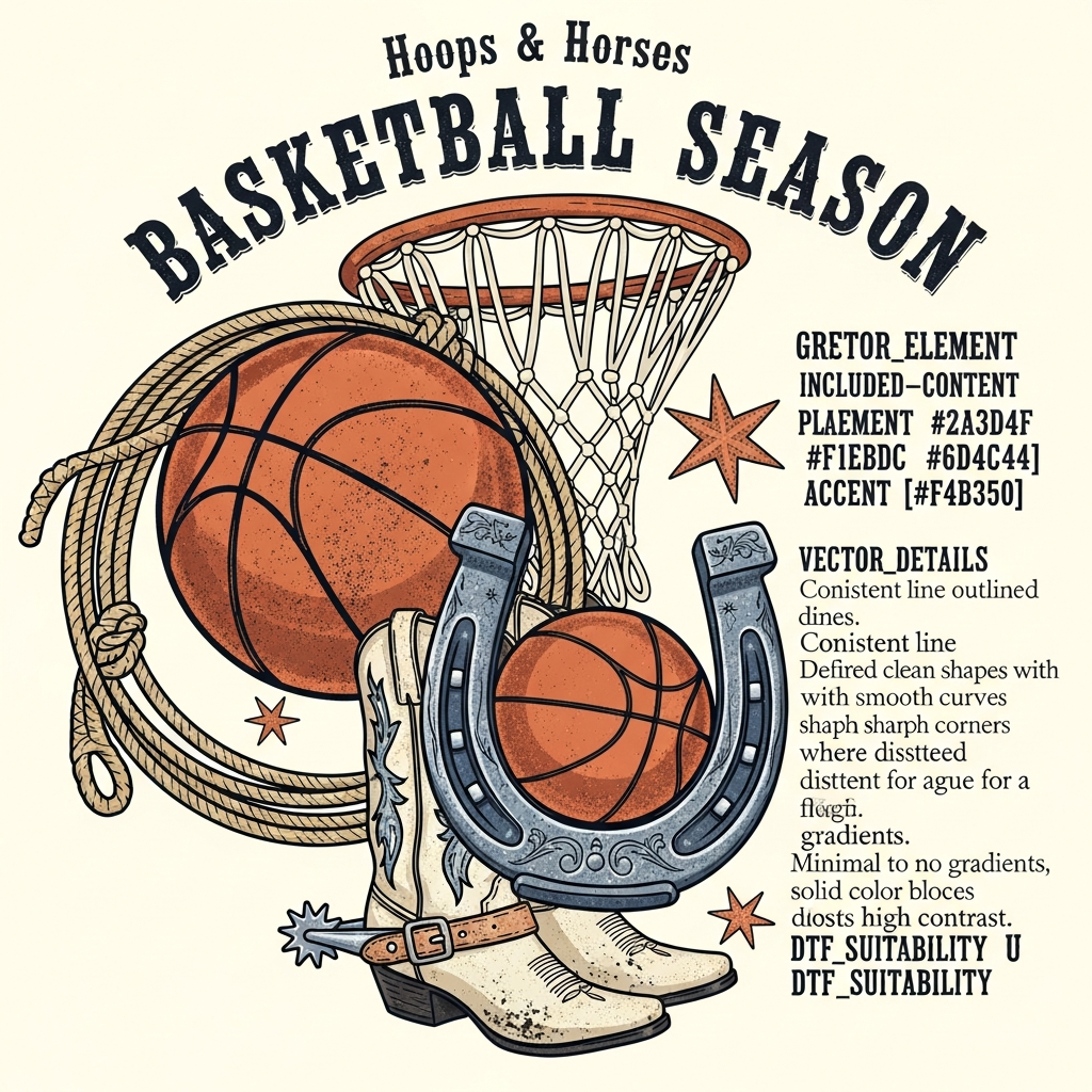 Basketball Season Western Cowboy Vintage ready to press DTF heat transfer graphic featuring a bold vector-style cowboy basketball illustration with high contrast colors and clean outlines, suitable for t-shirts hoodies and custom apparel