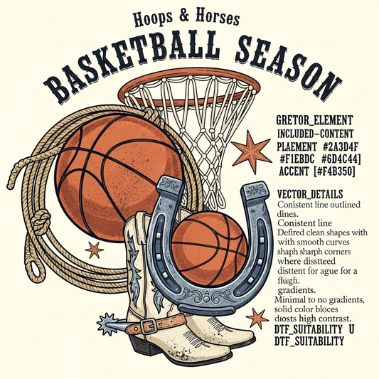 Basketball Season Western Cowboy Vintage ready to press DTF heat transfer graphic featuring a bold vector-style cowboy basketball illustration with high contrast colors and clean outlines, suitable for t-shirts hoodies and custom apparel