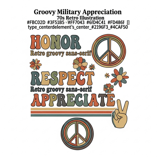 Groovy 70s retro style Military Appreciation Month ready to press DTF heat transfer graphic with bold high contrast colors and vector illustration design for t-shirts and hoodies