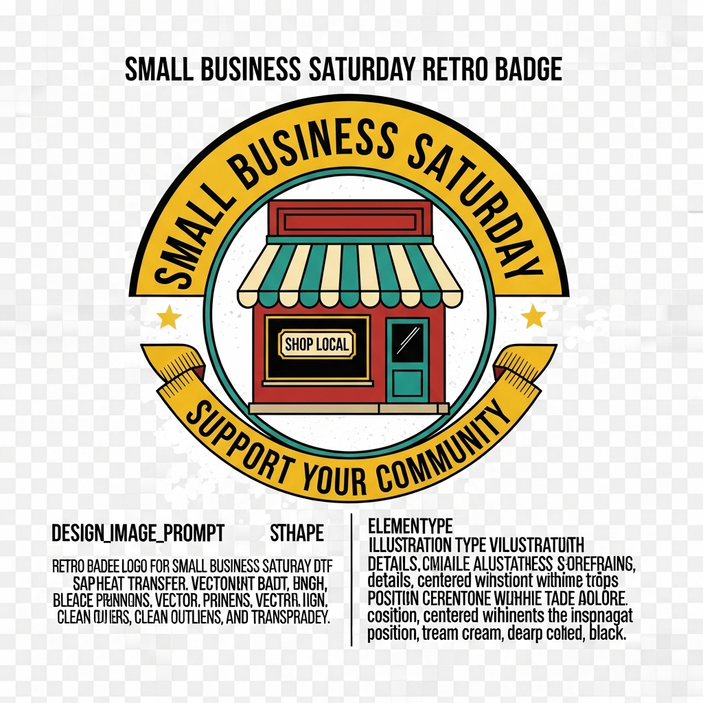 Small Business Saturday retro badge logo DTF heat transfer graphic, ready to press on t-shirts, hoodies, and tote bags — high contrast vintage design with clean vector outlines