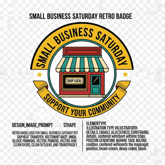Small Business Saturday retro badge logo DTF heat transfer graphic, ready to press on t-shirts, hoodies, and tote bags — high contrast vintage design with clean vector outlines