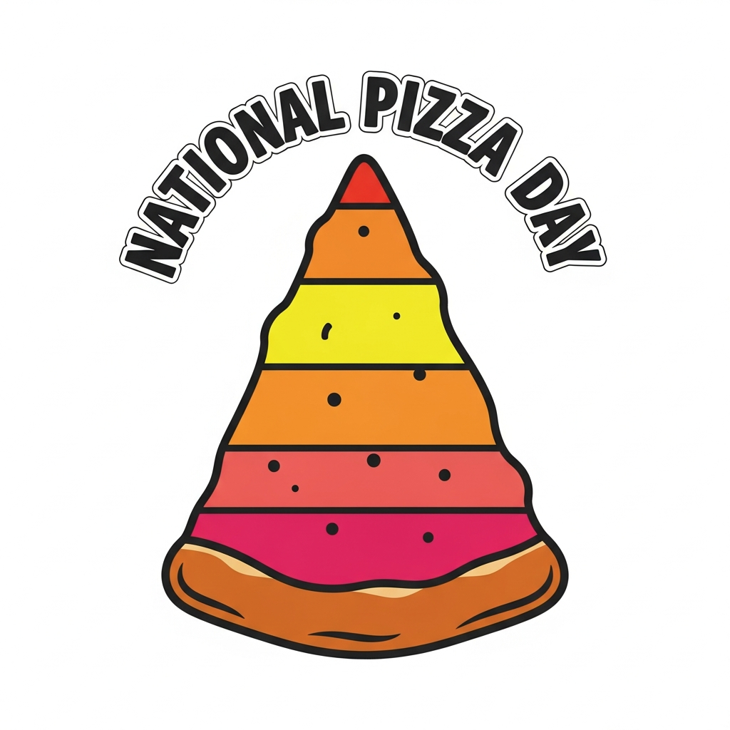 National Pizza Day ready to press DTF heat transfer graphic featuring a retro sunset stripes design with bold vector pizza illustration, centered composition with high contrast colors, suitable for t-shirts hoodies and tote bags