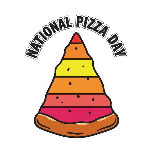 National Pizza Day ready to press DTF heat transfer graphic featuring a retro sunset stripes design with bold vector pizza illustration, centered composition with high contrast colors, suitable for t-shirts hoodies and tote bags