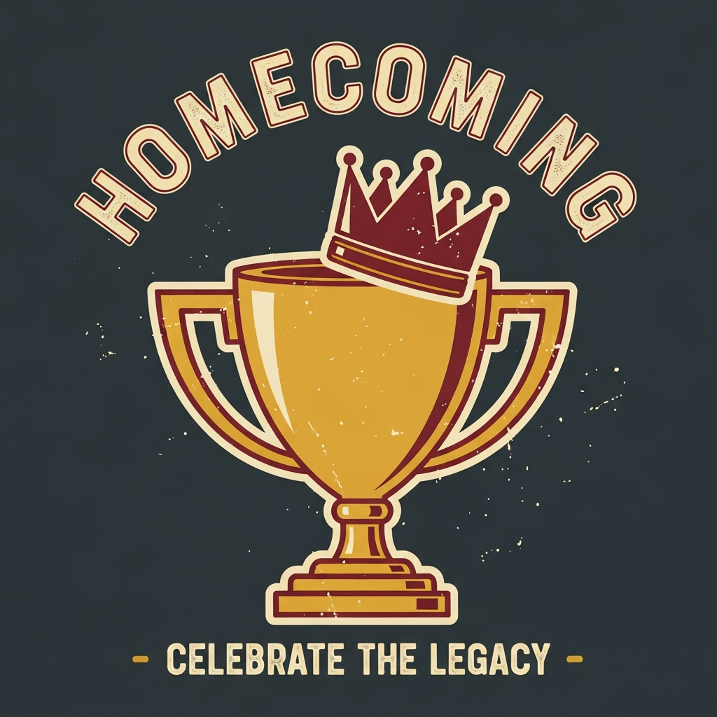 Homecoming vintage retro distressed DTF heat transfer graphic, ready to press, vector style illustration with high contrast colors and distressed texture, suitable for t-shirts hoodies and apparel
