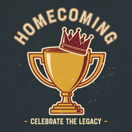 Homecoming vintage retro distressed DTF heat transfer graphic, ready to press, vector style illustration with high contrast colors and distressed texture, suitable for t-shirts hoodies and apparel