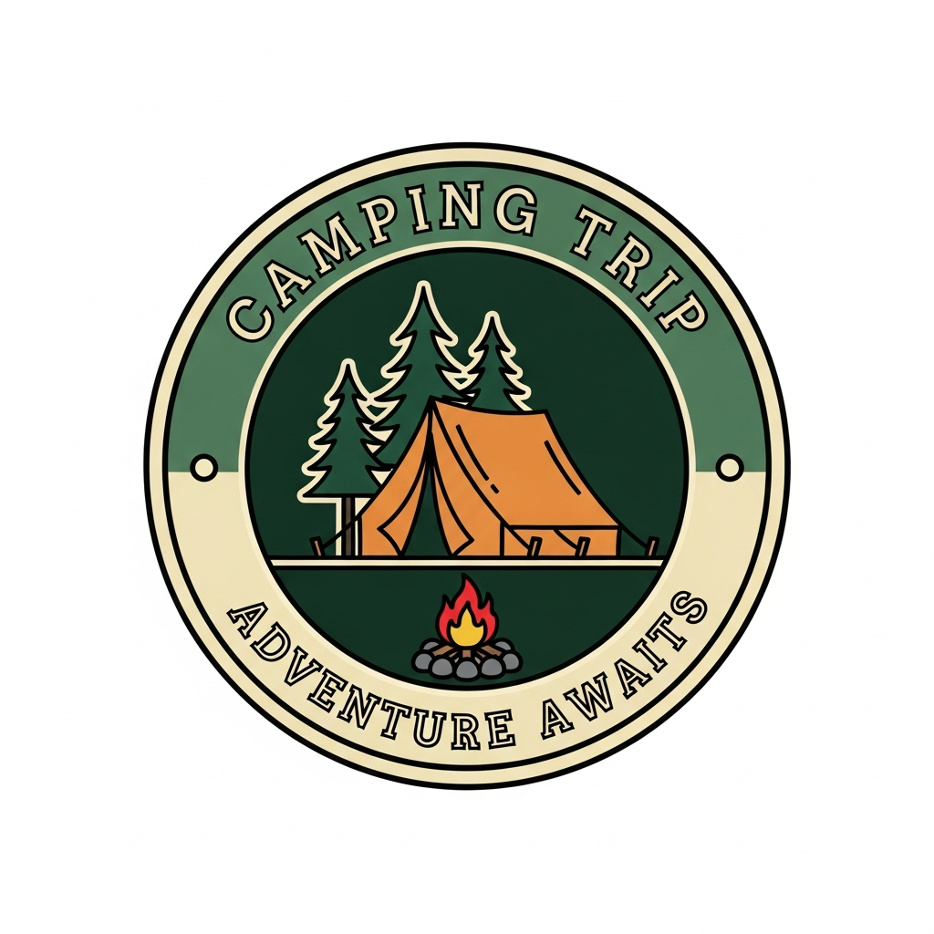 Retro badge style camping trip DTF heat transfer graphic with high contrast colors and vector illustration, ready to press onto t-shirts, hoodies, and apparel