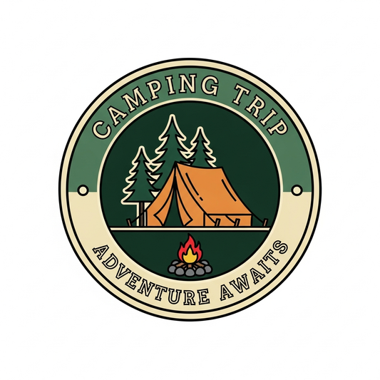 Retro badge style camping trip DTF heat transfer graphic with high contrast colors and vector illustration, ready to press onto t-shirts, hoodies, and apparel