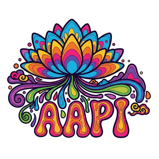 Psychedelic 60s style AAPI Heritage Month ready to press DTF heat transfer graphic with swirling retro patterns and high contrast colors, designed for t-shirts, hoodies, and custom apparel