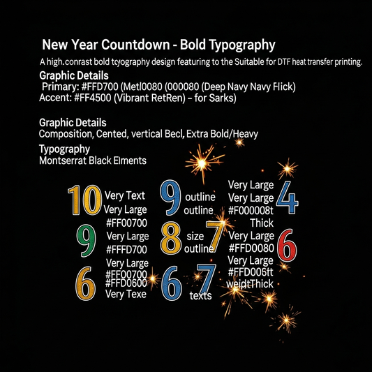 New Year's Countdown ready to press DTF heat transfer graphic featuring bold typography and high-contrast colors, designed for t-shirts, hoodies, and custom apparel