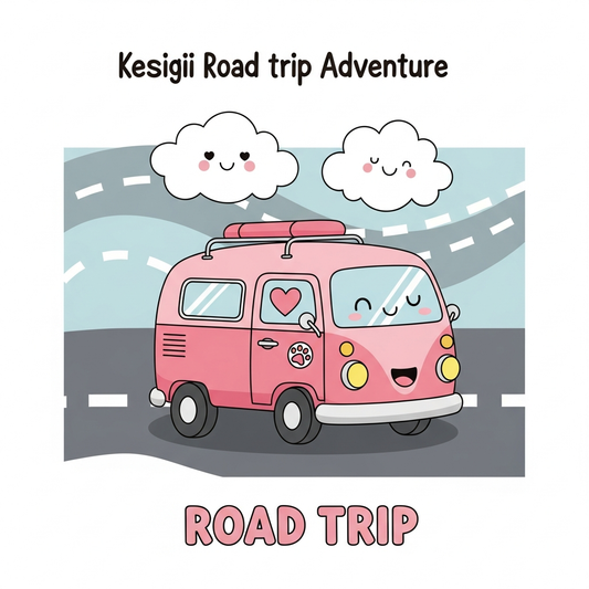 Playful cute kawaii road trip DTF heat transfer design featuring adorable characters and bold high contrast colors, ready to press on t-shirts hoodies and apparel