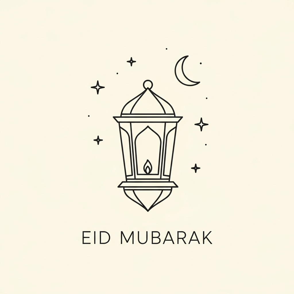 Minimalist line art Eid al-Fitr ready to press DTF heat transfer graphic with clean vector outlines and high-contrast design, suitable for t-shirts, hoodies, and tote bags