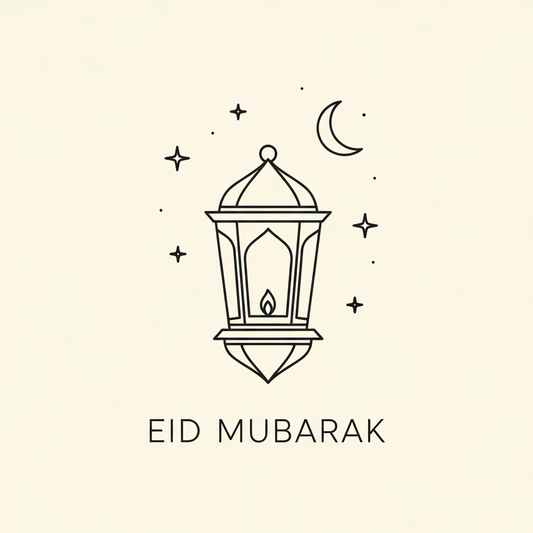 Minimalist line art Eid al-Fitr ready to press DTF heat transfer graphic with clean vector outlines and high-contrast design, suitable for t-shirts, hoodies, and tote bags