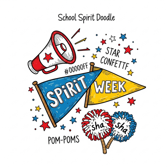 Hand drawn doodle style School Spirit Week DTF transfer graphic, ready to press heat transfer design with high contrast colors and clean outlines, suitable for t-shirts hoodies and tote bags