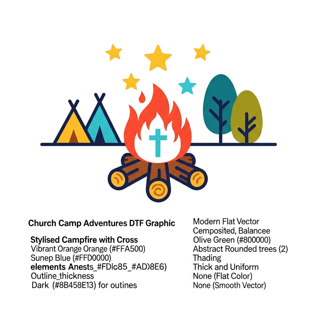 Modern flat vector Church Camp DTF heat transfer graphic with bold high-contrast colors, clean outlines, and centered composition — ready to press onto t-shirts, hoodies, and apparel