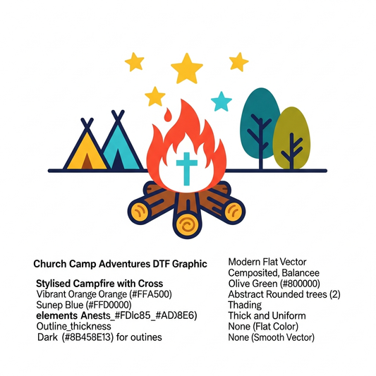 Modern flat vector Church Camp DTF heat transfer graphic with bold high-contrast colors, clean outlines, and centered composition — ready to press onto t-shirts, hoodies, and apparel