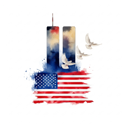 Patriot Day watercolor illustration DTF heat transfer design featuring high-contrast patriotic artwork, ready to press on t-shirts, hoodies, and apparel for small businesses and clothing brands