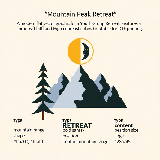 Modern flat vector youth group retreat ready to press DTF heat transfer graphic with high contrast colors and clean outlines, suitable for t-shirts, hoodies, and custom apparel
