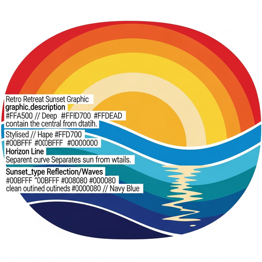 Retro sunset stripes company retreat DTF heat transfer graphic, centered vector design with bold high-contrast colors, ready to press on t-shirts, hoodies, and apparel