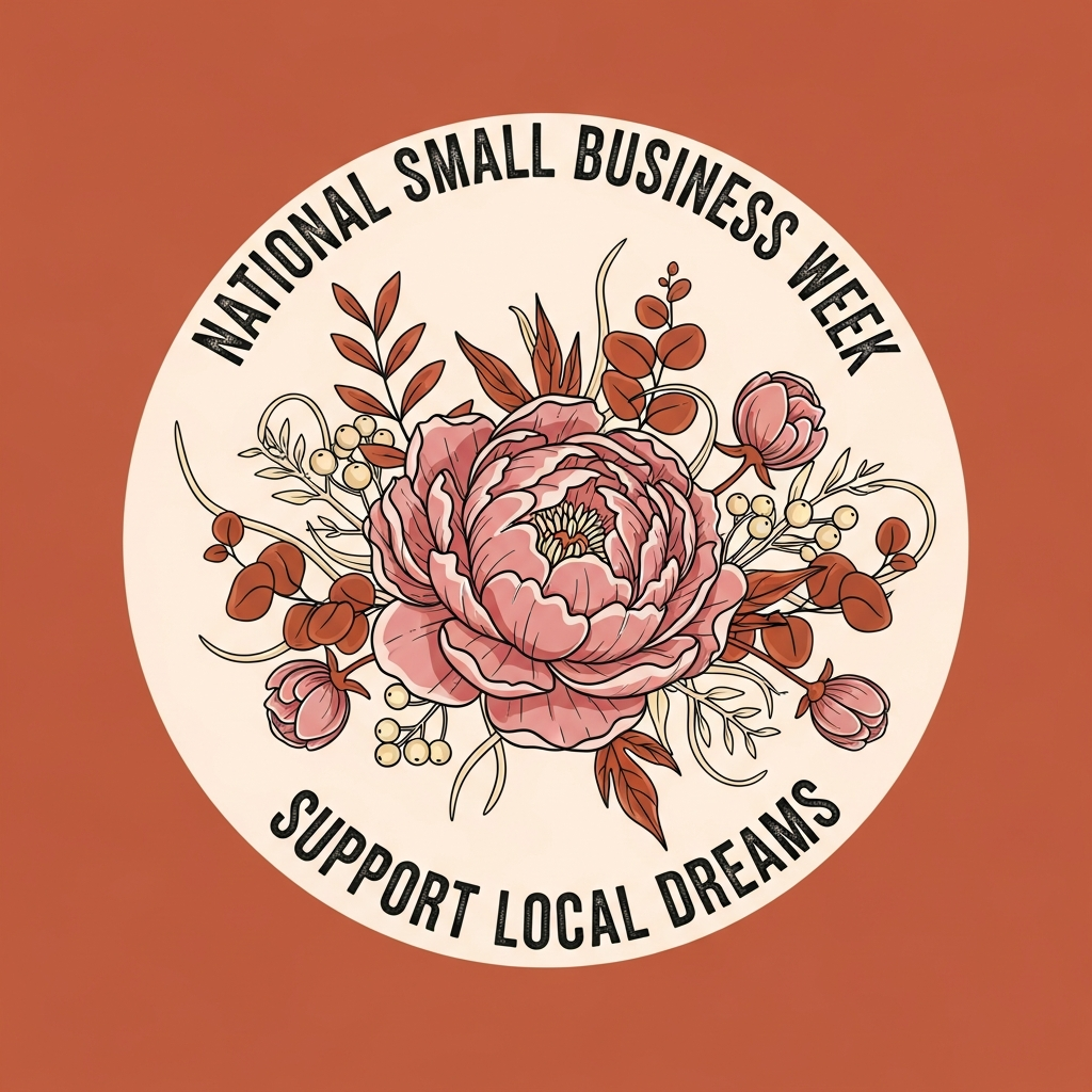 National Small Business Week boho floral ready to press DTF heat transfer graphic with centered vector illustration, earthy tones, and intricate botanical floral design — suitable for t-shirts, hoodies, and tote bags