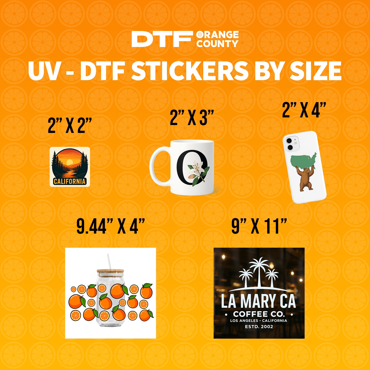 UV DTF Sticker Transfers by Size – UV DTF transfer sized to fit your product, printed by DTF Orange County in Orange County, California.
